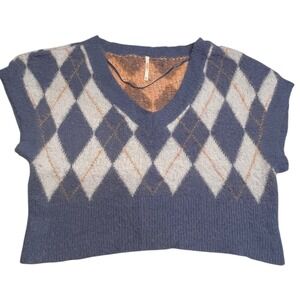 Free People Through The Motions Argyle V-Neck Sweater Vest Blue Fuzzy Cropped XS